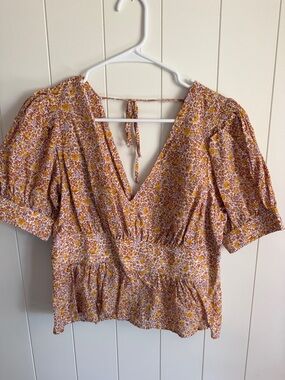 J. Crew Pink and Mustard Floral V-Neck Tie-Back Blouse